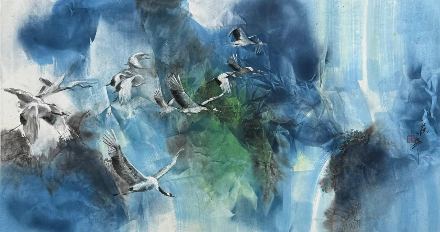 Flying Cranes Amongst Mountains and Clouds